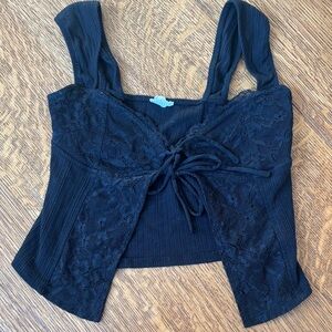 Black Lace Tie-Front Crop Top
